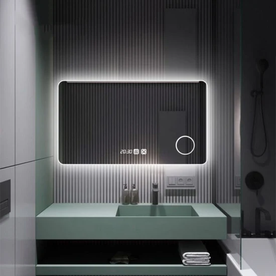 Specchio da bagno intelligente Bluetooth illuminato con dispositivo antiappannamento a LED con orologio digitale